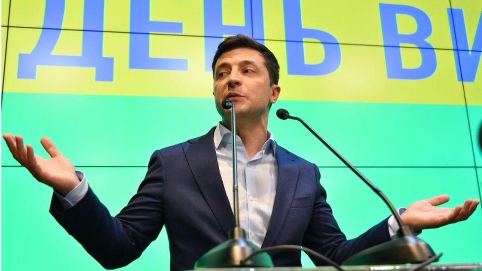 Volodymyr Zelensky speaking at a presidential campaign event in April 2019