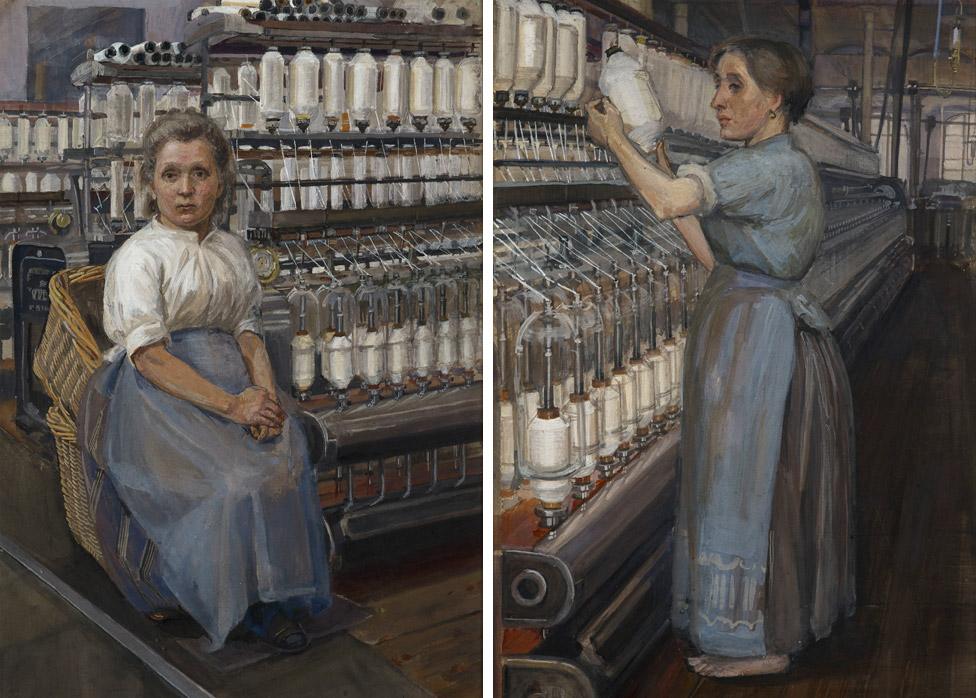 Left: Sylvia Pankhurst's In a Glasgow Cotton Mill: Minding a Pair of Fine Frames; right: In a Glasgow Cotton Spinning Mill: Changing the Bobbin