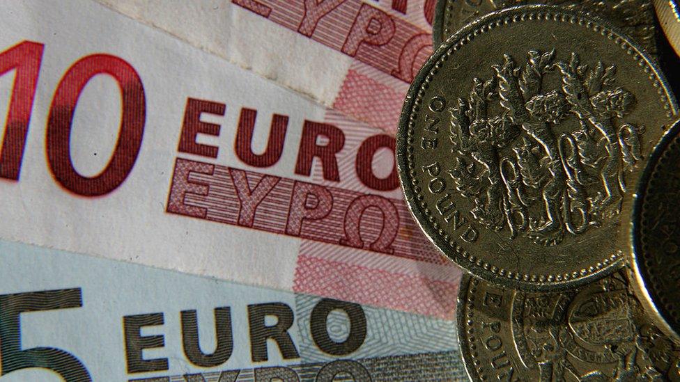 A British Pound coin is seen next to Euro notes