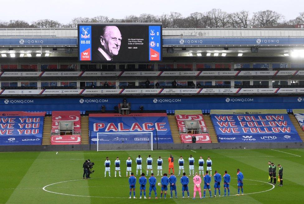 Players from Crystal Palace and Chelsea observe a two minute silence for Prince Philip at Selhurst Park, London, 10 April 2021.