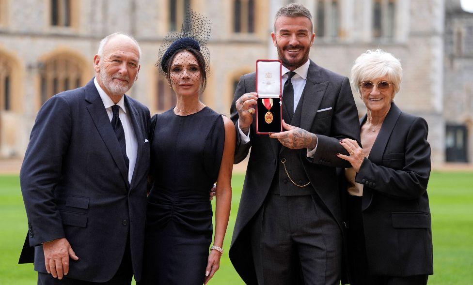 Sir David Beckham, with his wife Lady Beckham and parents Ted and Sandra Beckham, after he was made a Knight Bachelor at an investiture ceremony at Windsor Castle, Berkshire. November 4, 2025
