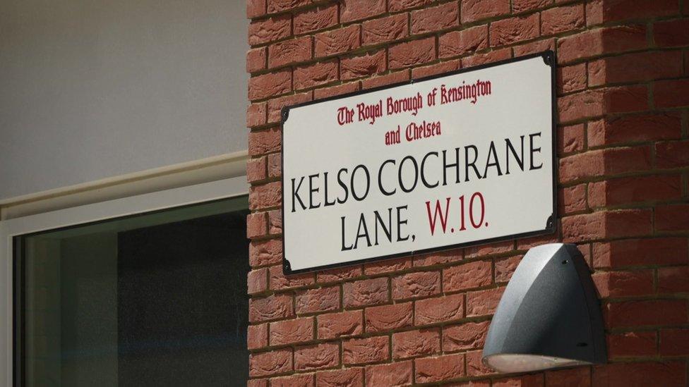 Street sign: Kelso Cochrane Lane, W10