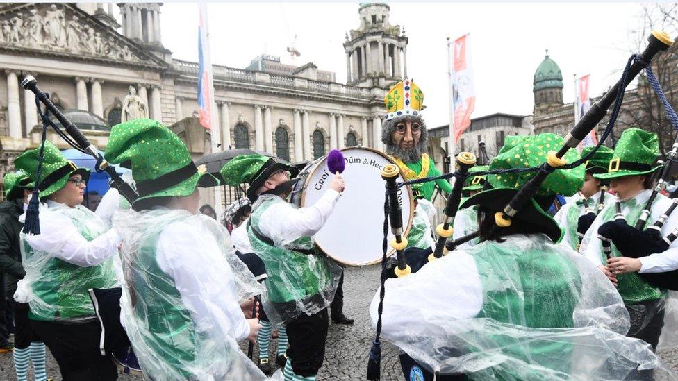 St Patrick oversaw the rain-soaked festivities at Belfast City Hall