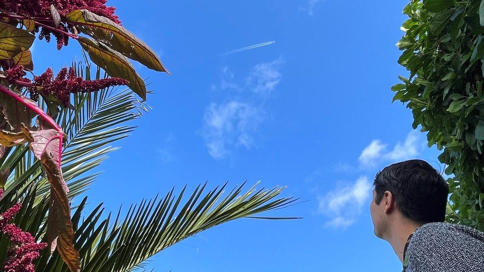 Kris watches a plane fly over his garden