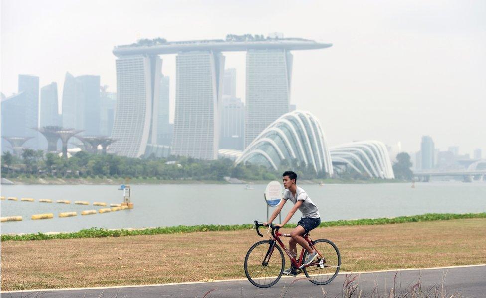 A cyclist cycles through the park at Marina Barrage in Singapore on 14 September, with the skyline blanketed with haze