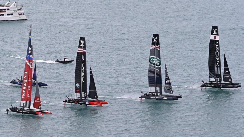 Catamarans lined up, Chicago race