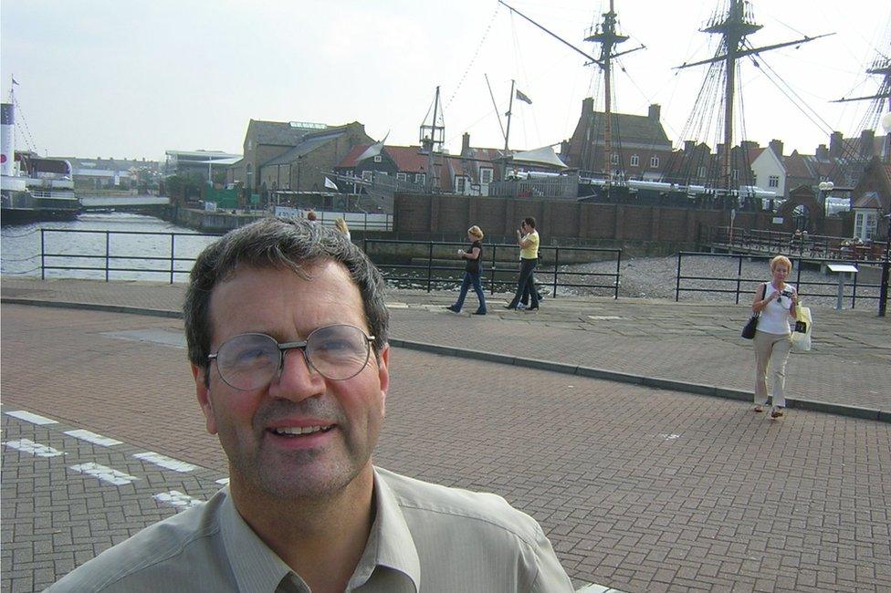 Dick Rodgers in front of HMS Trincomalee in 2004