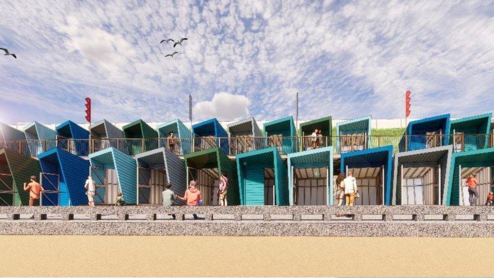 An artist's impression of the new beach huts on two tiers at the cliff's edge in Lowestoft