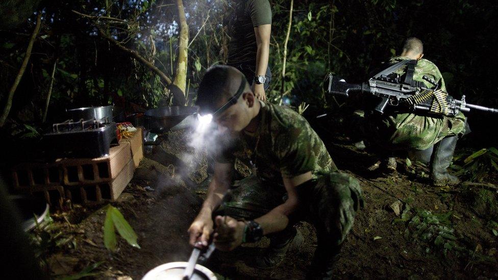 Fighters at a hidden Farc camp in Antioquia state, Colombia. 6 Jan 2016