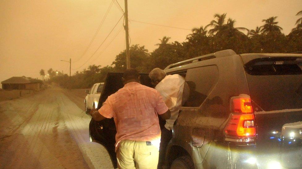 Image shows an ash covered village a day after the La Soufriere volcano erupted on Friday