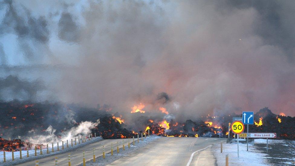 Lava crossing a road