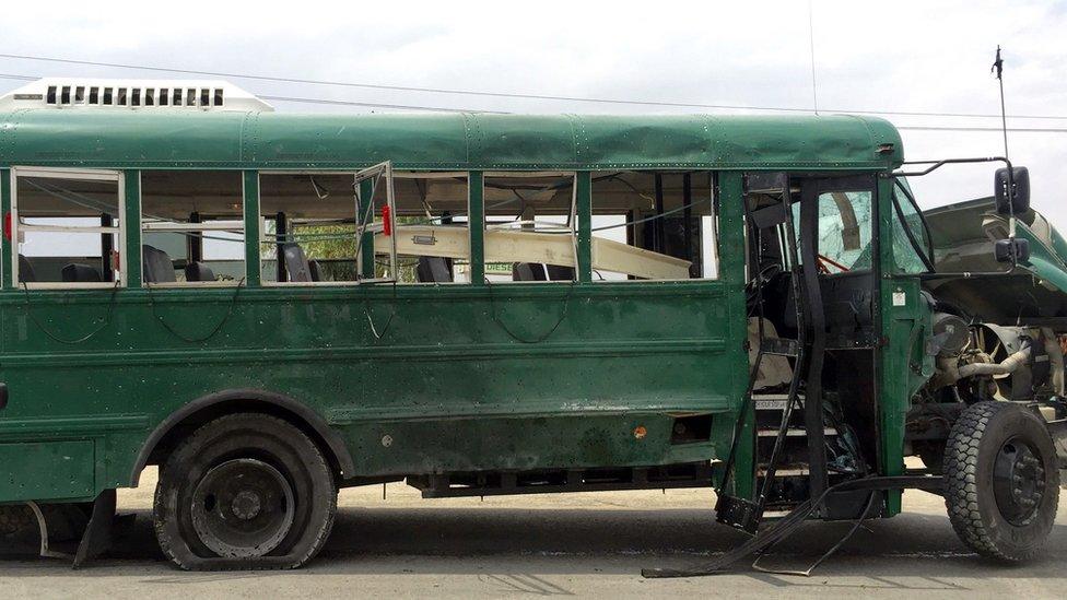 A general view for the bus that was carrying Afghan Police cadets at the scene of a suicide bomb attack that targeted a police convoy on the outskirts of Kabul, Afghanistan, 30 June 2016.