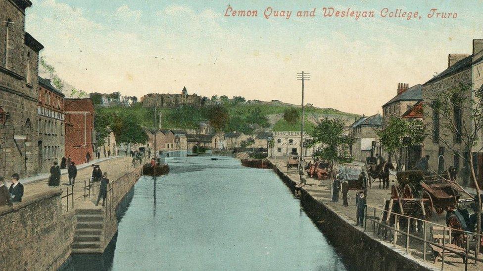 Back Quay, Truro City Hall post card. Pic via Hall For Cornwall