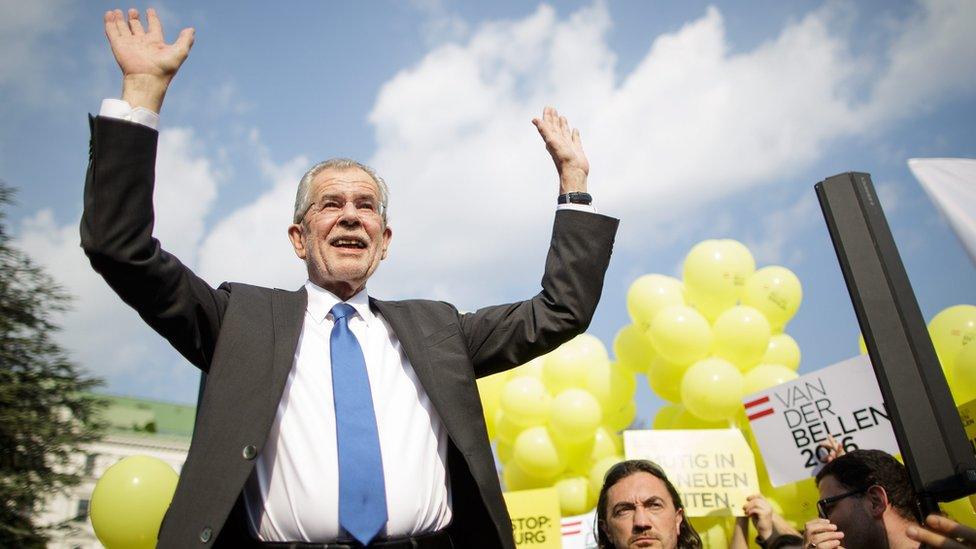 Presidential candidate and former head of the Austrian Green Party Alexander Van der Bellen waves after his speech during his final election rally in Vienna, Austria, 20 May 2016