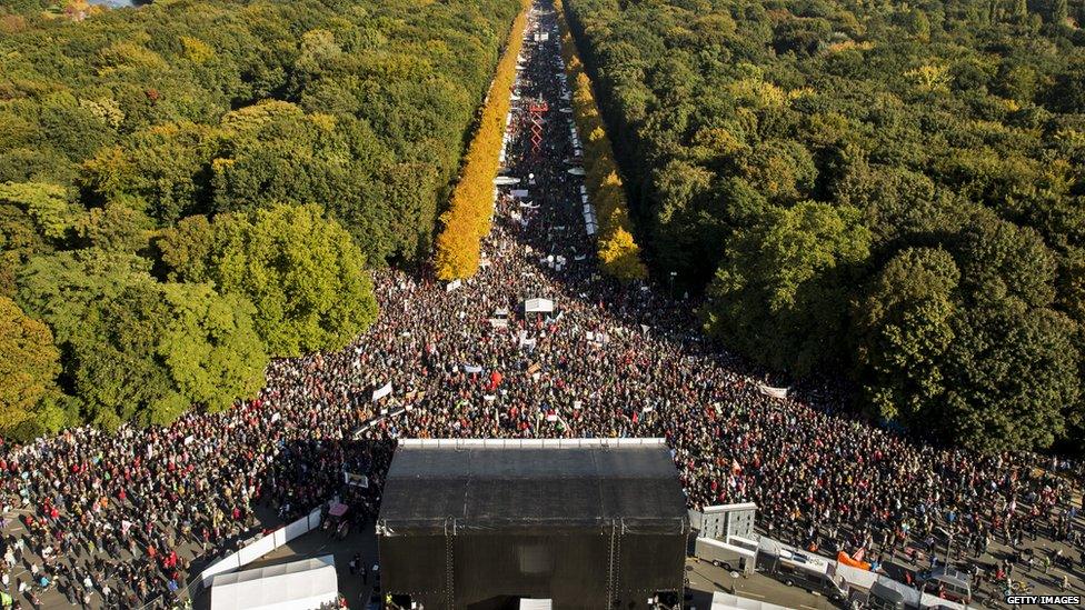 A protest rally in Berlin against a proposed EU-US trade pact