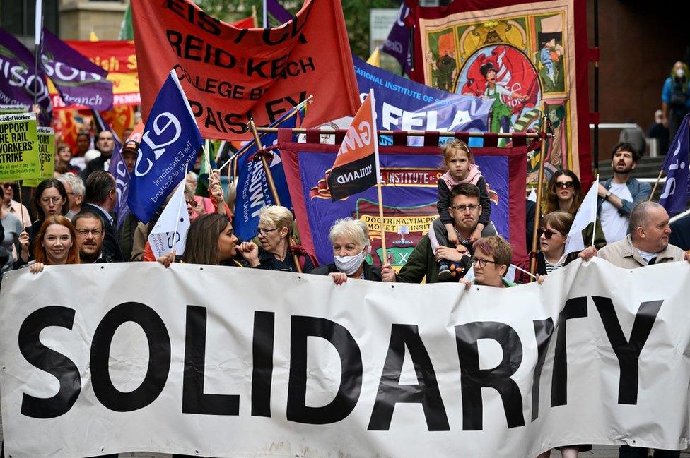 Protesters support striking RMT workers in Glasgow in June