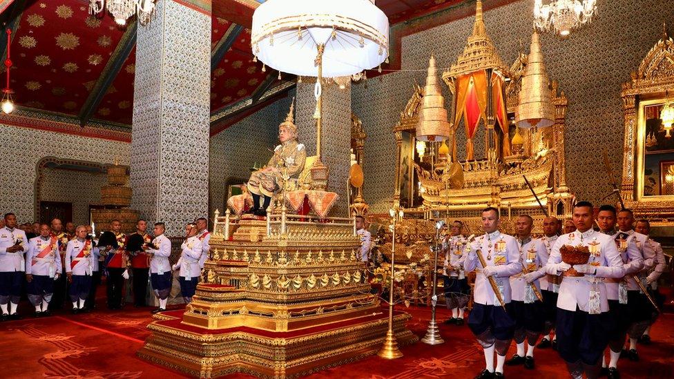 Thai King Maha Vajiralongkorn Bodindradebayavarangkun (C) sitting on the throne during his coronation ceremony at the Grand Palace in Bangkok, Thailand, 04 May 2019 (