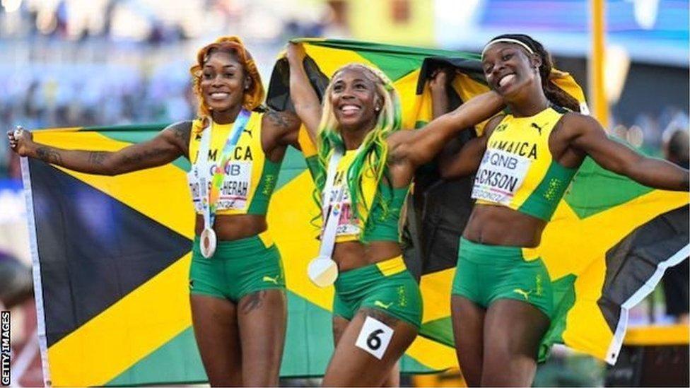 Elaine Thompson-Herah, Shelly-Ann Fraser-Pryce and Shericka Jackson