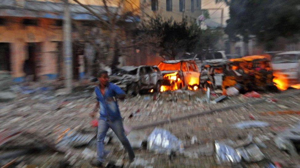 Scene of bomb attack on Ambassador Hotel in Mogadishu on 1 June 2016