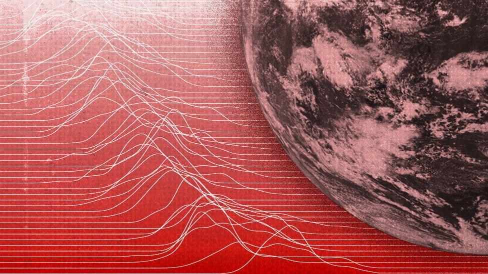 Creative image showing wavy white lines on a red background on the left, symbolising the warming world, and a quarter of the globe on the right