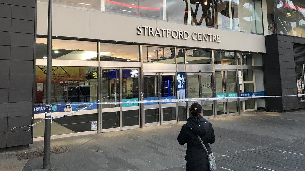 Police tape outside the Straford Centre in in Stratford, east London