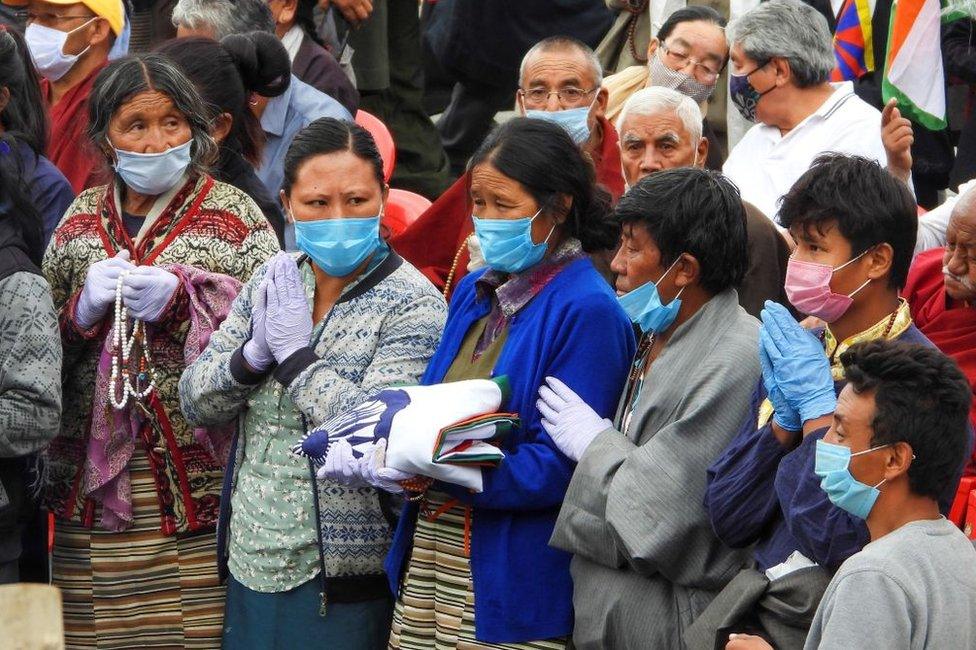 Relatives attend the funeral of Tibetan-origin India's special forces soldier Nyima Tenzin in Leh on September 7, 2020.