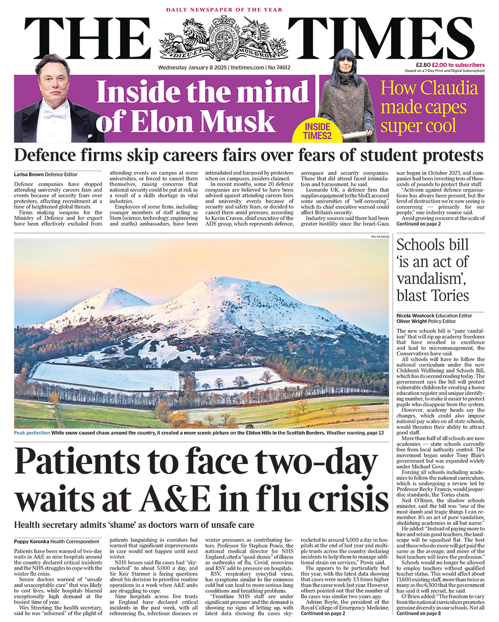 The headline in the Times reads: "Patients to face two-day waits at A&E in flu crisis". 