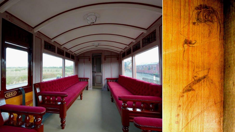 Restored carriage with (inset) the sketch of a Victorian man