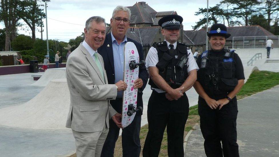 Arfon Jones with Councillor Dylan Rees, North Wales Police Inspector Jason Higgins and PCSO Katy Madrigal