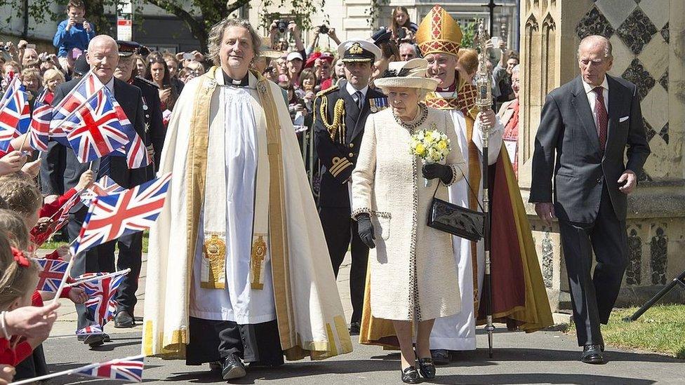 Queen Elizabeth II and Prince Philip, Duke of Edinburgh, arrive at the Chelmsford Cathedral to attend a service as part of the centenary celebrations of Chelmsford Diocese, 6 May 2014