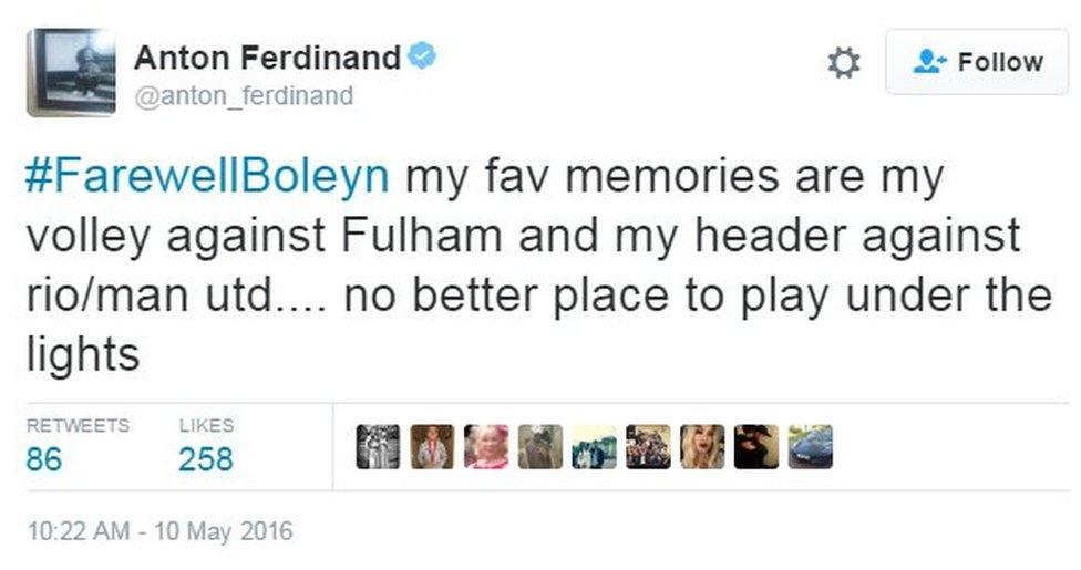 Tweet: #FarewellBoleyn my fav memories are my volley against Fulham and my header against rio/man utd.... no better place to play under the lights