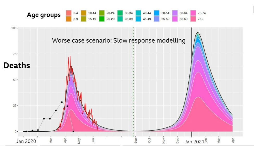 This modelling chart looks at the worse case scenario for deaths, if there is a slow response in Wales