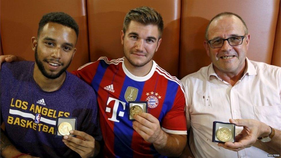 Anthony Sadler, from Pittsburg, California, Alek Skarlatos from Roseburg, Oregon, and Chris Norman, a British man living in France (L-R)