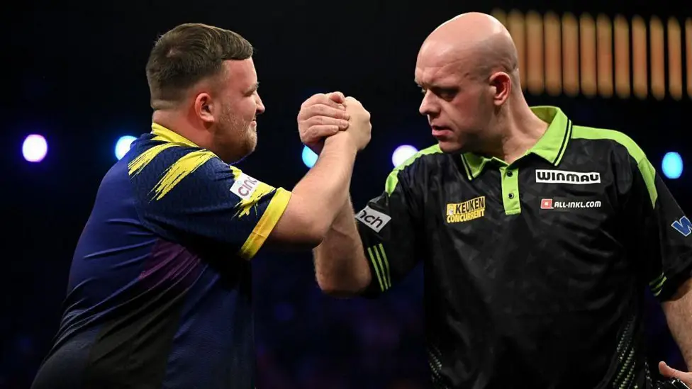 Michael van Gerwen beats Luke Littler in the Premier League darts night two in Antwerp