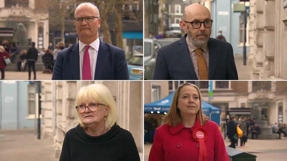 Conservative Matthew Hicks, Andrew Stringer from the Green Party, Labour's Sarah Adams, and Penny Sutton from the Liberal Democrats (clockwise)