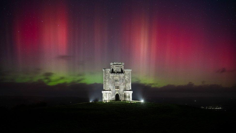 Northern Lights above Paxton's Tower in Carmarthenshire