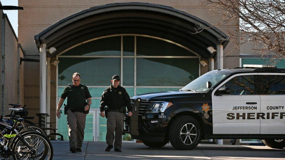 Jefferson County Sheriff vehicle outside Columbine high school, December 2018