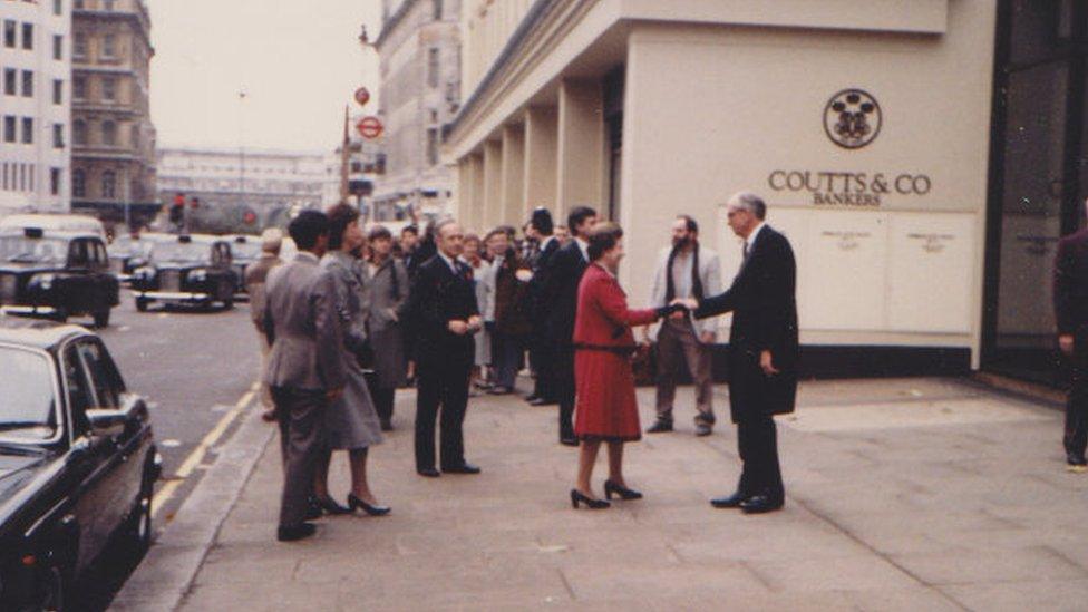 The Queen outside Coutts and Co Bank