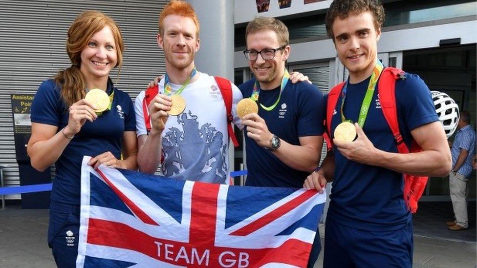 Joanna Rowsell Shand, Ed Clancy, Jason Kenny, Steven Burke arrive back from Rio de Janeiro, at Manchester Airport.