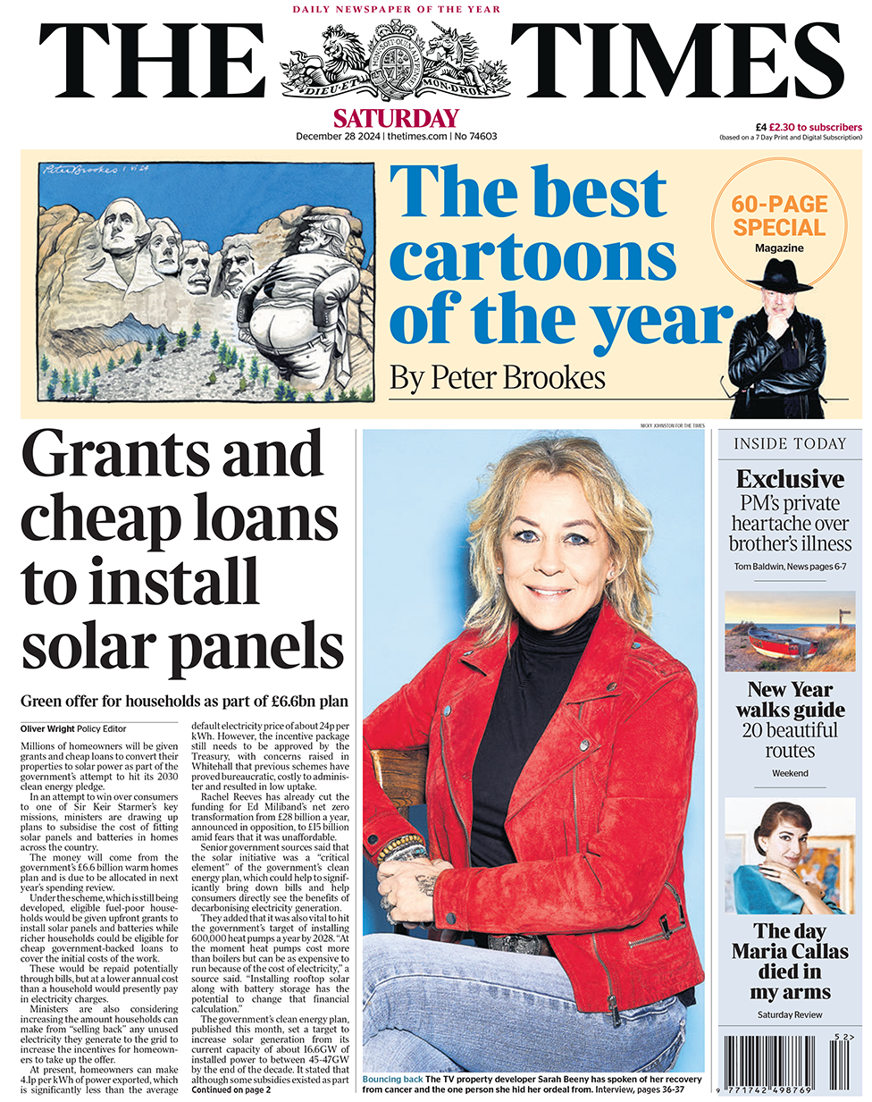 The Times headline reads: "Grants and cheap loans to install solar panels"