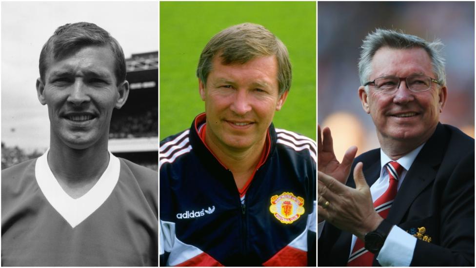 Three pictures of Sir Alex Ferguson from different eras