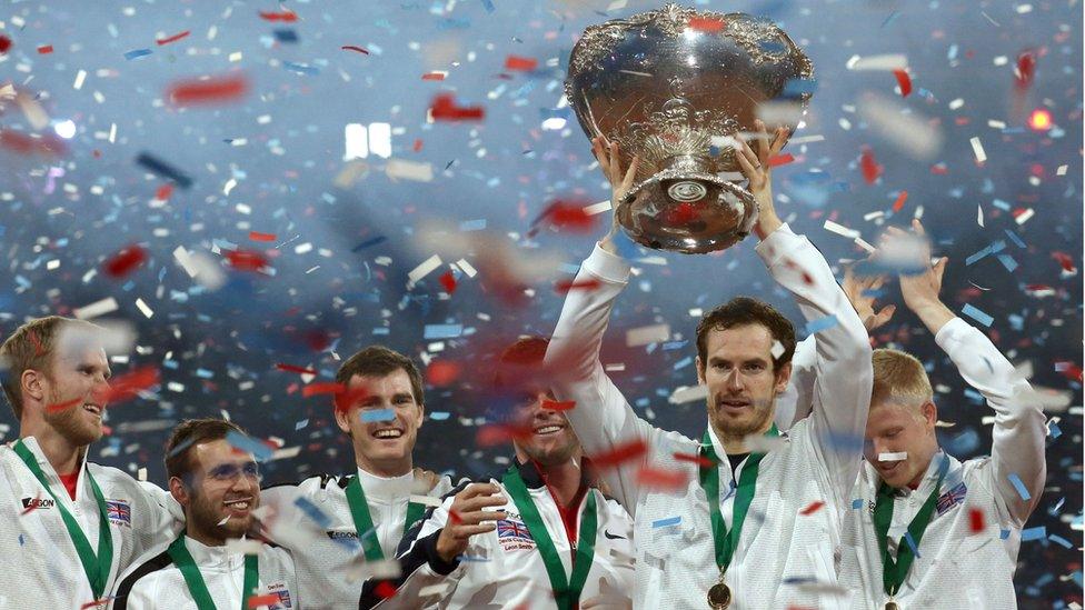 Andy Murray holds the Davis Cup after winning the final against Belgium