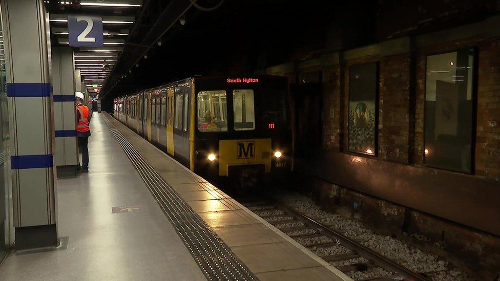 Metro train pulls into platform at Sunderland railway station