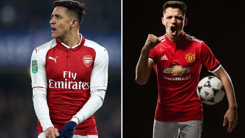 Composite image showing Alexis Sanchez in Arsenal kit, and in his new kit for Manchester United.