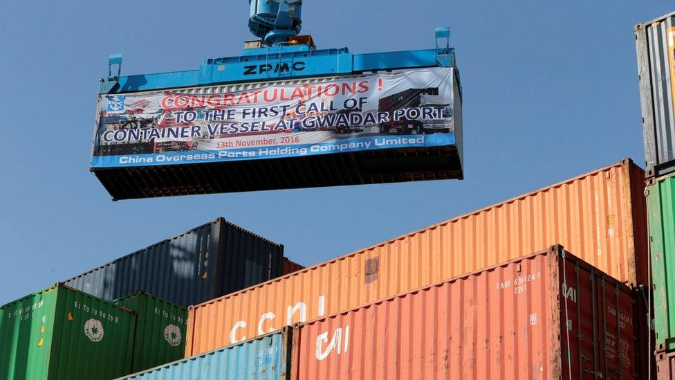 A container is loaded on to the first Chinese container ship to depart after the inauguration of the China Pakistan Economic Corridor port in Gwadar, Pakistan November 13, 2016