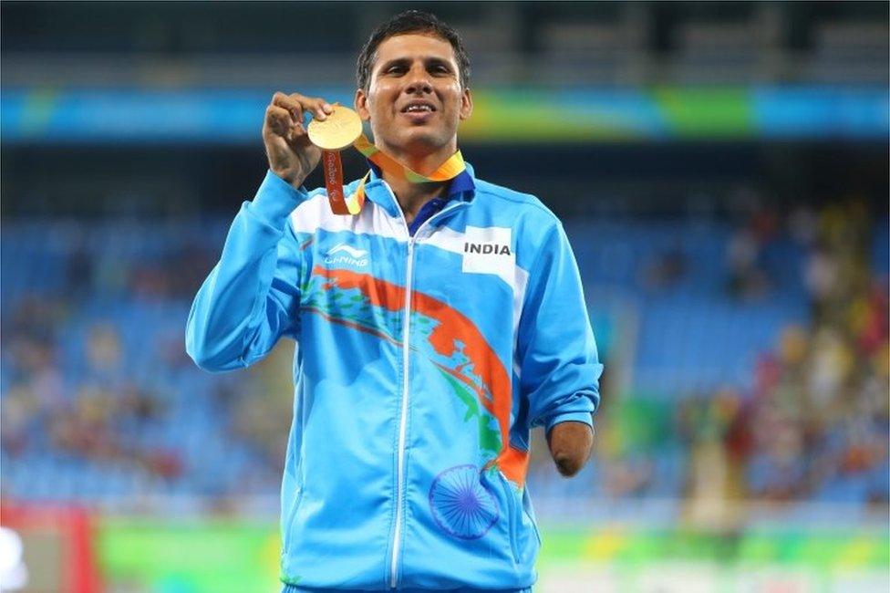 Gold medalist Devendra of India poses on the podium at the medal ceremony for men"s Javelin Throw - F46 during day 6 of the Rio 2016 Paralympic Games at the Olympic Stadium on September 13, 2016 in Rio de Janeiro, Brazil