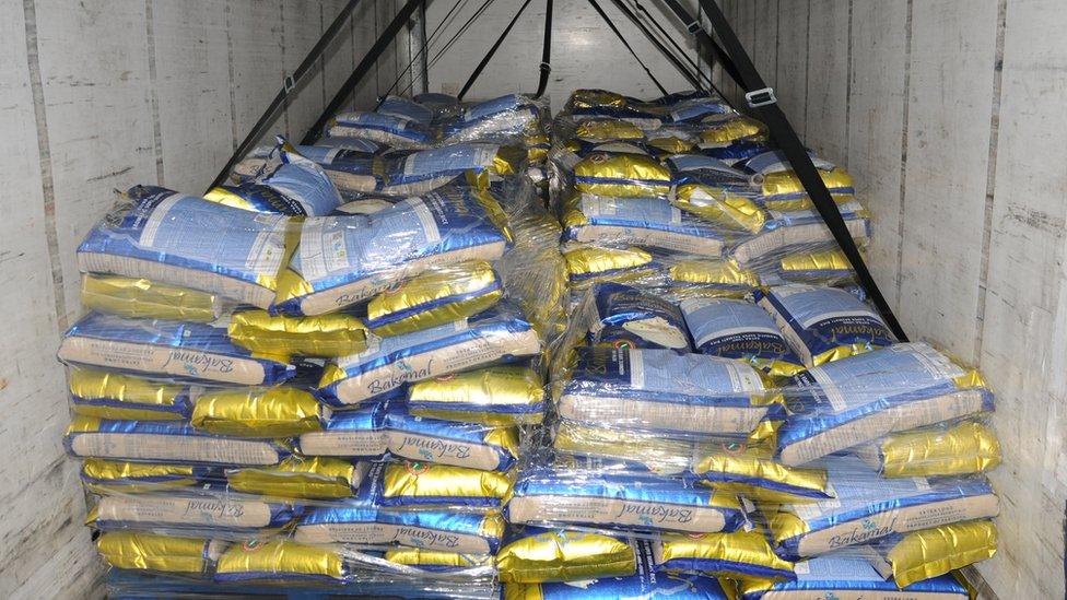 Bags of rice in the back of a lorry where the heroin was concealed