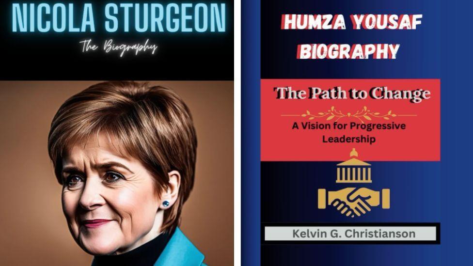 A composite image of two books. One is called Nicola Sturgeon, The Biography. It has a large AI-generated image of a woman with brown hair on the front cover. Another is about Humza Yousaf. It is blue with old-fashioned fonts and images on the cover. 