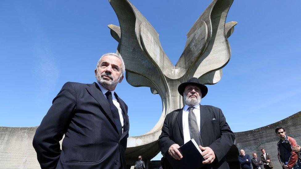 Coordinator of the Jewish communities in Croatia Ognjen Kraus (L) and Croatian rabbi of the Jewish community Luciano Mose Prelevic (R) in Jasenovac on April 15, 2016