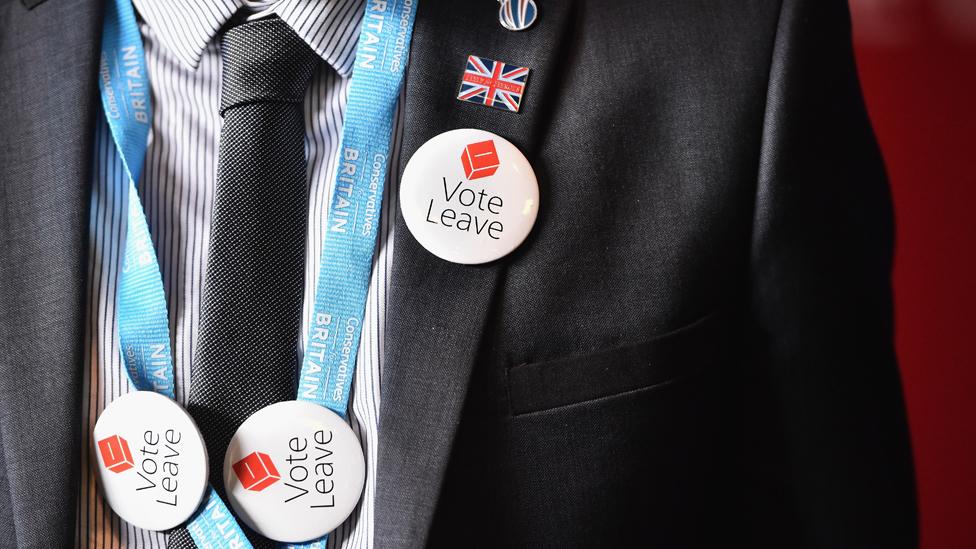 A man with vote leave EU badges attends the Scottish Conservative Party spring conference